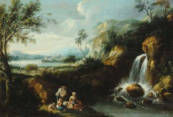 Paesaggio fluviale con cascata e figure by 
																	Gaetano Zais