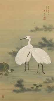 Two herons in a stream with lotus by 
																	Mochizuki Gyukusem