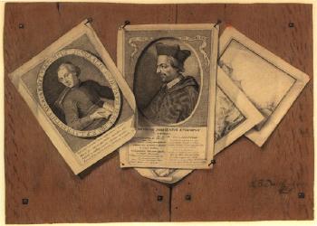 Trompe-l'oeils mit Portrait- und Landschaftsradierungen an einer Holzwand by 
																			Jean Baptiste Dusillion
