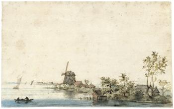 Flußlandschaft mit Windmühle und Fischern by 
																	Anthonie Erkelens