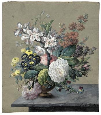 Frühlingsblumenstrauss mit Kirschblüten, Primeln und Teerosen by 
																	Johann David Paetzel