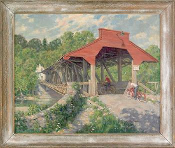 Landscape with two children riding bicycles across a covered bridge by 
																	Ralph D Dunkelberger