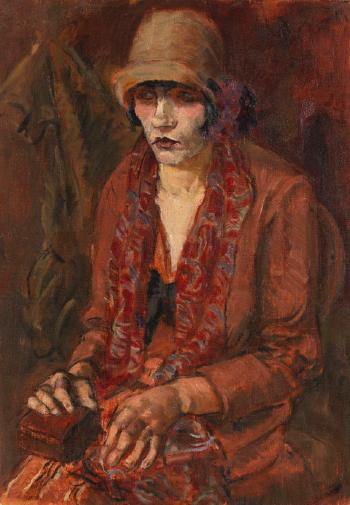 Frau in Rot mit Hut (Modell an der Münchner Akademie) by 
																	Gretel Haas-Gerber