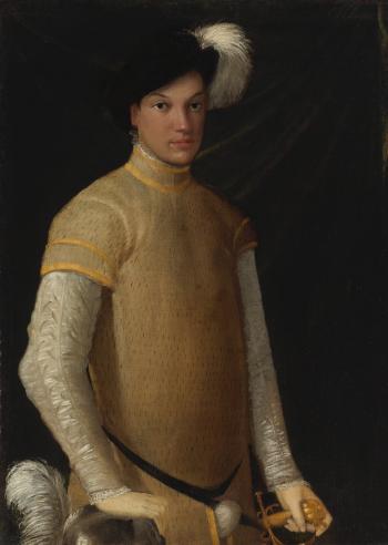 Portrait Of a Young Man Wearing a Plumed Hat, A Yellow Doublet With Slashed Sleeves, Lace Cuffs And Collar, Resting His Right Hand On a Plumed Helmet by 
																	Niccolo dell' Abbate