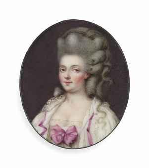 A young lady, in white shift with lilac ribbons and bow at corsage, her upswept powdered hair dressed in ringlets by 
																	Johann Heinrich Hurter