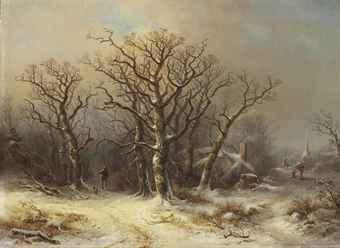 A winter woodland with a man and his dog and a woman gathering wood by 
																	Theobald Reinhold von Oer