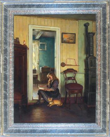 Im Türstock sitzendes, lesendes junges Mädchen mit getigerter Katze im Stubeninterieur by 
																	Friedrich Raupp