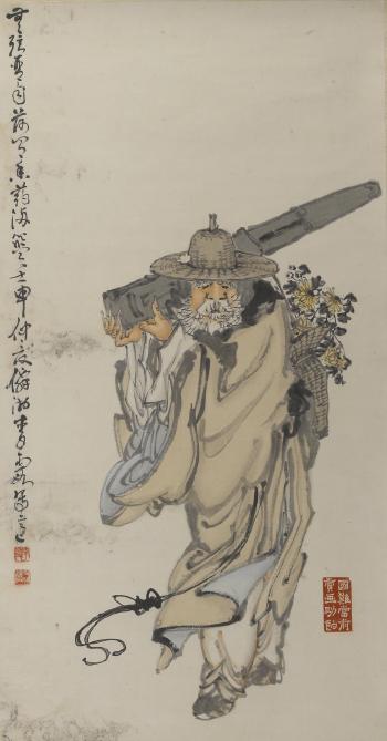 Old Man with Qin and Chrysanthemums by 
																			 Li Xia