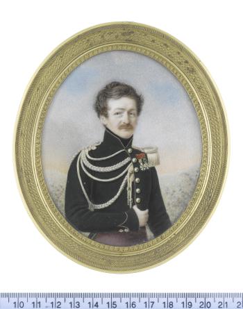 Portriats of Russian Officer and his wife, both standing in landscapes: the former, wearing dark green jacket with red piping, silver buttons, braiding and contre-epaulette, two badges of the Legion d'Honneur fastened beneath his contre-epaulette.. by 
																			Alphonse de Labroue