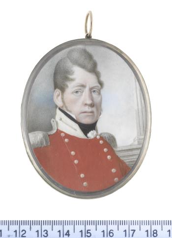 An Officer, wearing red double-breasted coat with silver buttons and epaulettes, cream standing collar, white frilled chemise and black stock by 
																	Alexander Gallaway