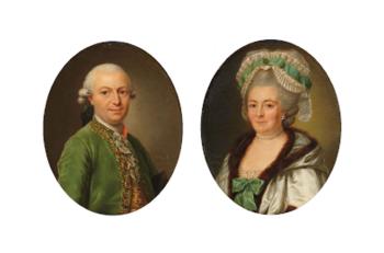 Portrait d'homme en buste à la veste verte; et Portrait de femme avec une coiffe en dentelle en buste by 
																	Franz Pieter Joseph Kymli
