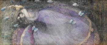 Girl with blue butterflies by 
																			Frances E Macdonald