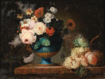 Nature Morte Au Vase De Fleurs, Raisins, Pêches Sur Un Entablement De Marbre by 
																	Philippe Parpette