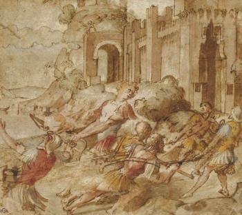 Trojan soldiers dragging the wooden horse towards the walls of Troy by 
																	 Zenone da Verona