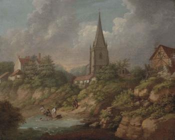 A view of Monmouth with the church of St Mary's, bathers in the foreground by 
																	Michael Angelo Rooker
