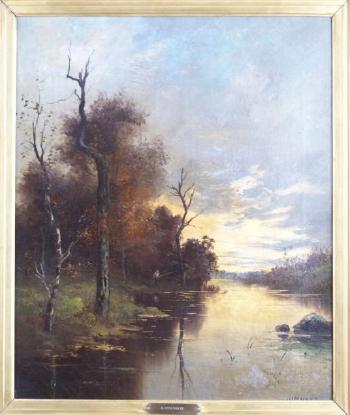 Pêcheur en bord de rivière au soleil couchant by 
																	Henri Ottevaere