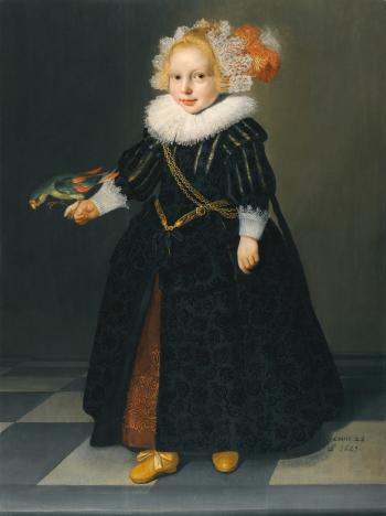 Portrait Of a Child, Aged 2¼;, Full-length Standing In An Interior, Holding a Parrot by 
																	Dirck van Santvoort