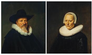 Portrait Of a Bearded Gentleman, Possibly a Member Of The Valckenier Family, Bust-length, Wearing a Hat; Portrait Of His Wife, Bust-length, Wearing An Embroidered Black Dress by 
																	Dirck van Santvoort