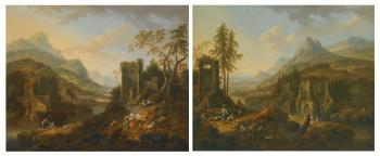 A River Landscape With Travellers On a Path And Peasants Fishing Beyond; A River Landscape With Peasants Resting On The Bank Beside a Ruined Building by 
																	Joseph Orient