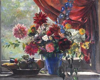 Still life with flowers in a blue vase and fruit in a bowl on a window ledge by 
																	Francis Vandeveer Kughler