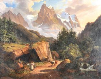 A continental landscape with figures and cattle on a path and goats on the hillside beyond by 
																	Frank de Nagelsfield