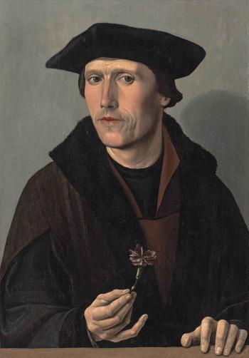 Portrait of a man, half-length, in black and brown robes, holding a carnation by 
																	Dirck Jacobsz van Amsterdam