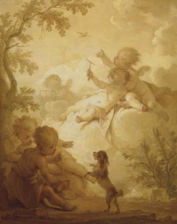 Putti in a wooded landscape with a bird and a lap-dog by 
																	Dirk van der Aa