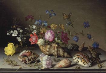 Flowers, shells and insects on a stone ledge by 
																	Balthasar van der Ast