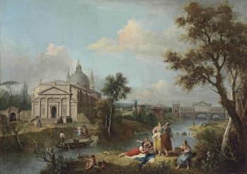 An Italianate river landscape with women fishing and resting on the bank, with a capriccio view of the Redentore and the Rialto Bridge as designed by Andrea Palladio beyond by 
																	Antonio Visentini