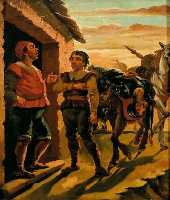 Sancho Panza busca posada para un exhausto Don Quijote by 
																	Miguel Maria Ocal
