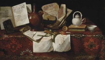 An earthenware jug, books, a silver teapot and an inkwell on a draped table by 
																	 Pseudo-Roestraten