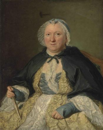 Portrait of Madame Antoine Crozat, Marquise du Châtel, née Marguerite le Gendre d'Armeny (1670-1742), half-length, seated, in lace trimmed yellow and white dress and bonnet, a fan in her right hand by 
																	Jacques-Andre-Joseph-Camelot Aved