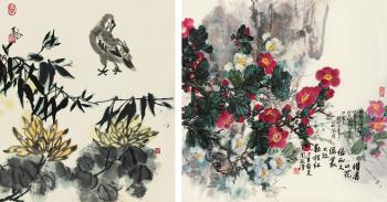 Flowers, Bird and Chrysanthemum by 
																	 Zhou Guojin