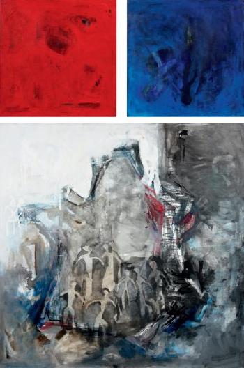 Personnages aux carrés rouge et bleu by 
																	Sujata Bajaj