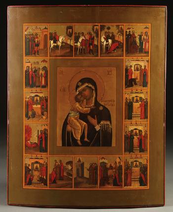 The Theodore mother of god with related scenes by 
																			 Russian School