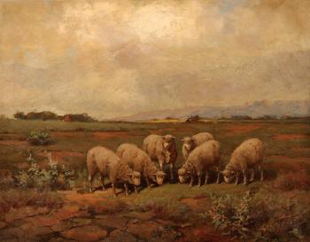 Pastoral scene with sheep by 
																			Royal Hill Milleson