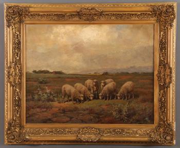 Pastoral scene with sheep by 
																			Royal Hill Milleson