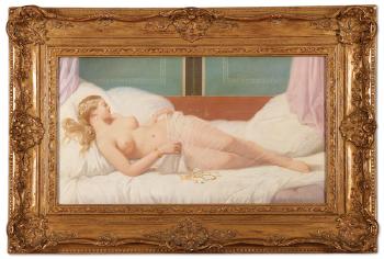 A reclining nude odalisque by 
																			Eugene Emmanuel Amaury-Duval