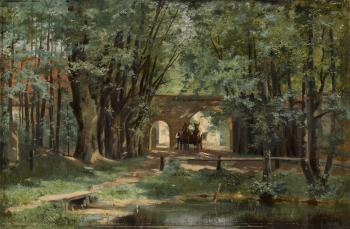 A wooded landscape with a wagon and driver near a gate by 
																	Elisabeth von Eicken