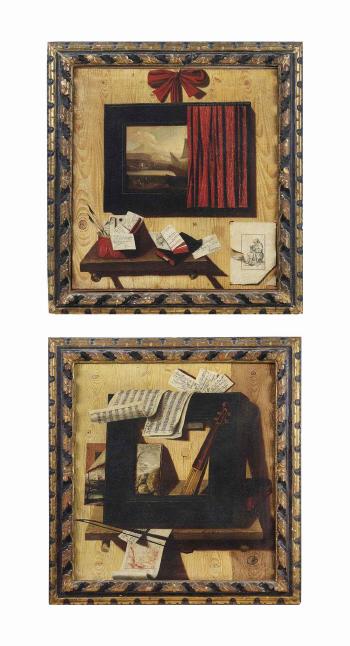 A trompe l'oeil of a picture frame, a painting, the neck of a viol, with a book, a drawing, a bow and musical scores on a ledge by 
																	Andrea Domenico Remps
