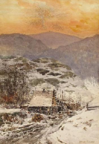 Winter scene with log cabin at sunset by 
																			Allan Edson