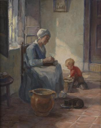 A mother and child knitting by 
																	Willem Noordyk