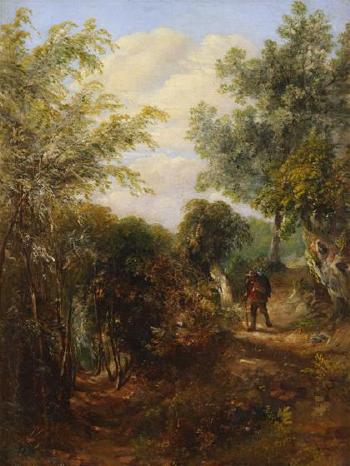 Traveler in a woodland landscape by 
																	Patrick Nasmyth