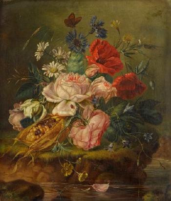 Still life of mixed flowers and insects on a mossy bank by 
																	Amalie Karcher
