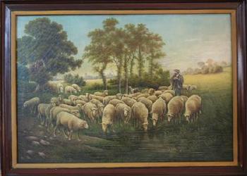 Shepherd and his flock at stream by 
																	Joseph Relinger