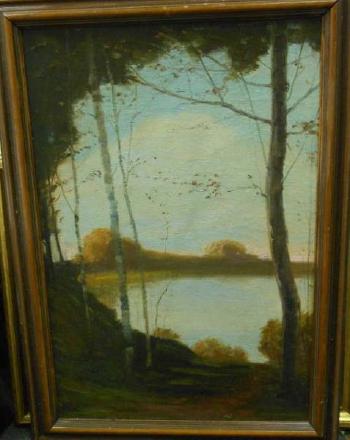 Lake landscape with foreground birches by 
																	Edmund H Wuerpel