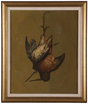 Tromp l’oeil still life of hanging game birds by 
																			John J Eyers