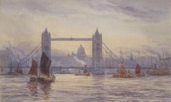 Tower Bridge and St Paul's Cathedral from the Thames by 
																	Maude E Maginniss