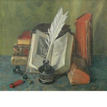 Still Life with Books, Pen, Ink and other Articles on a Table by 
																	Emile Modeste Nicolas Vaquez