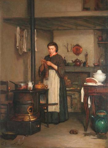 A kitchen interior with young woman knitting by 
																	Antoine Jean Bail